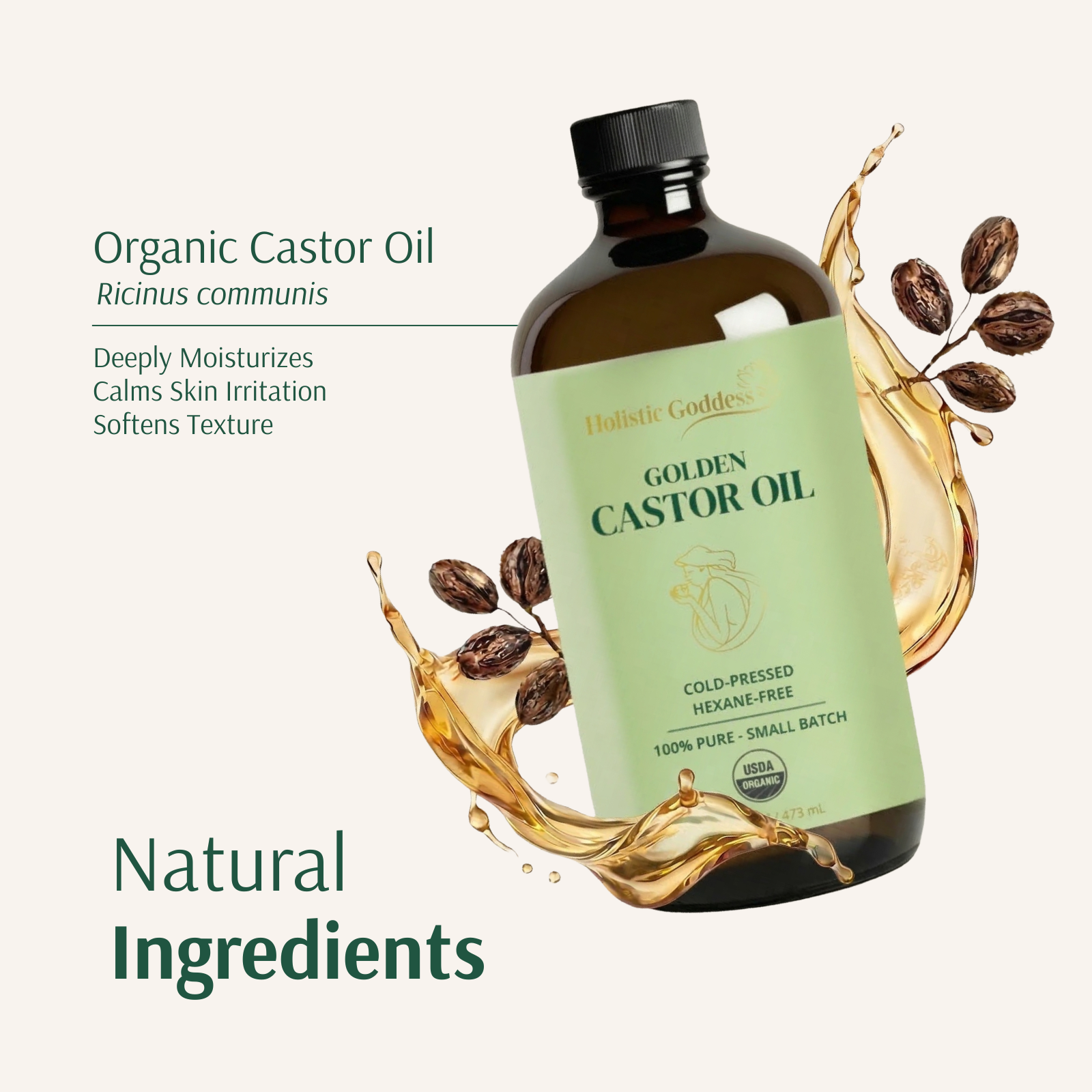 Golden Castor Oil bottle surrounded by castor beans and an oil splash, with organic Ricinus communis skin benefits listed