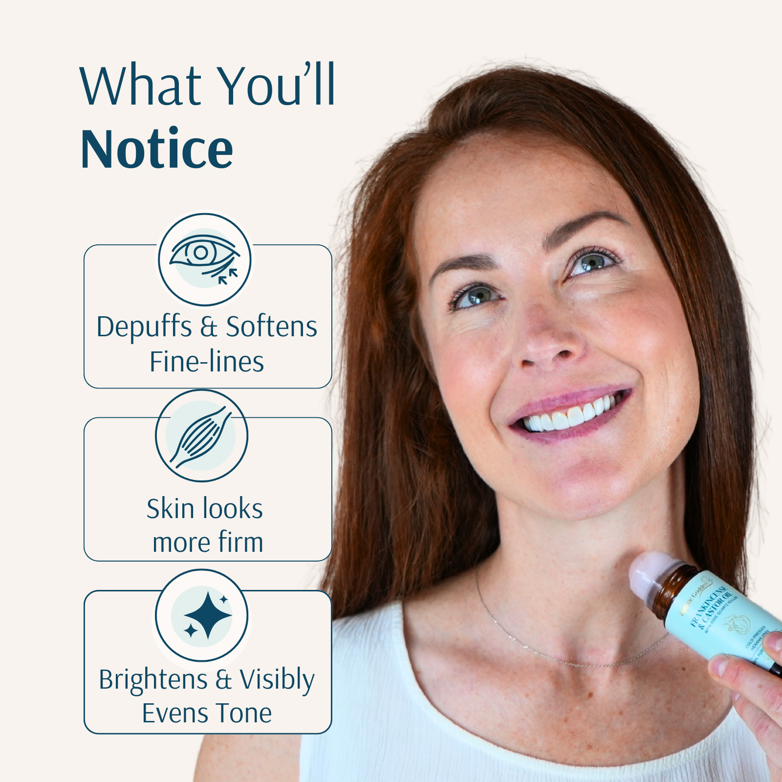 Woman holding castor oil & frankincense r oll-on showing benefits
