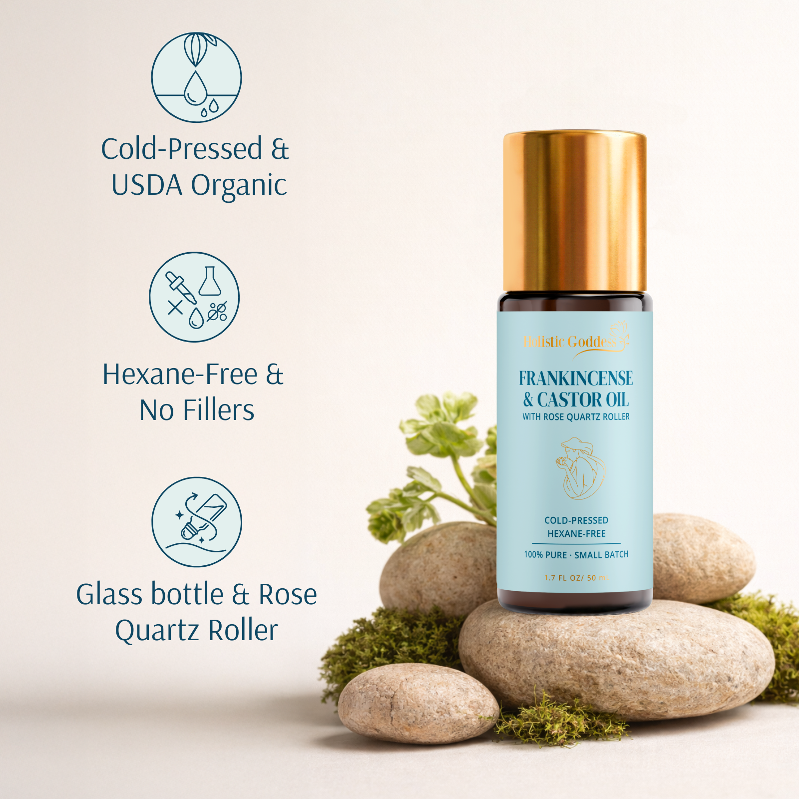 Organic Castor oil & frankincense roll-on featuring organic and hexane-free text.