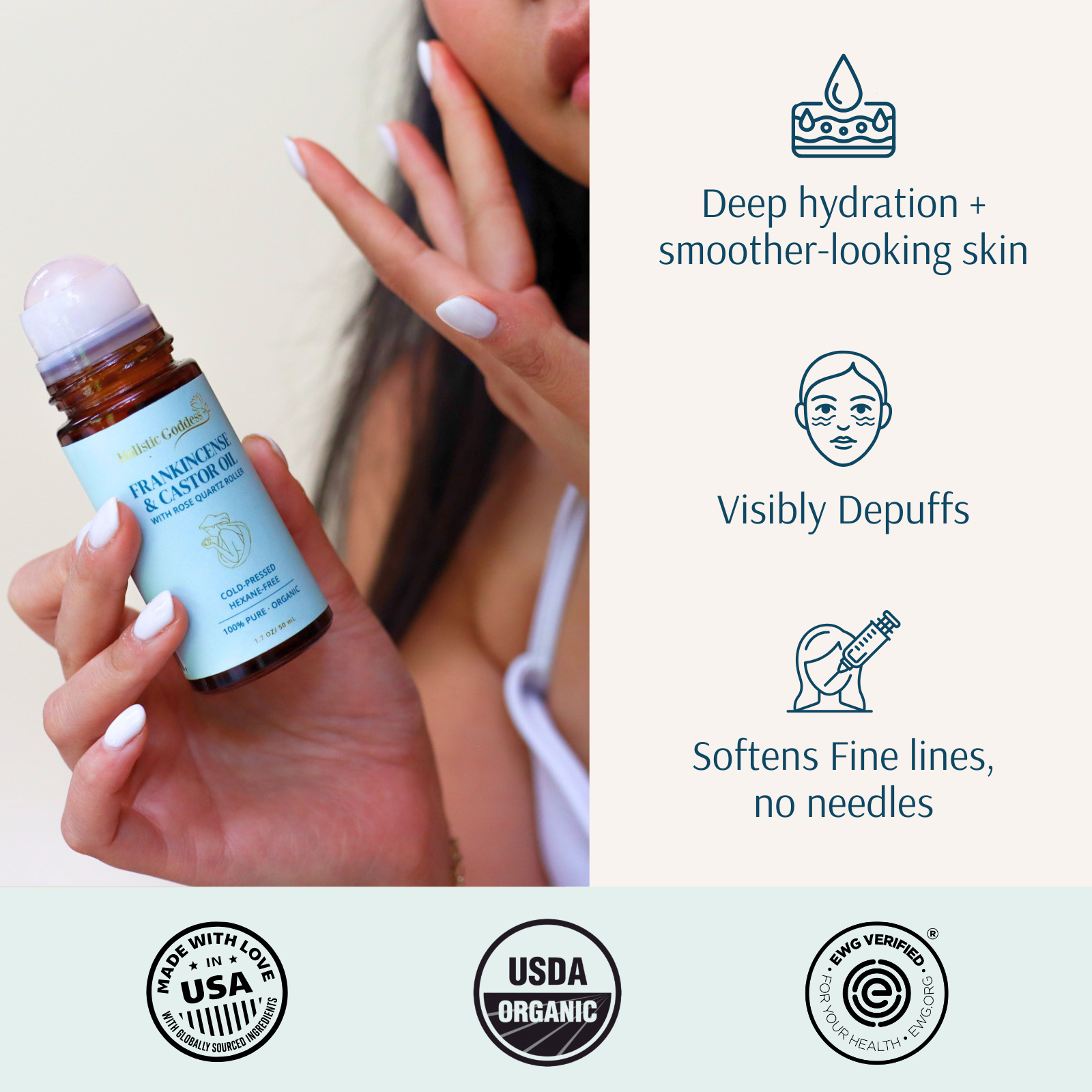 Women holding Organic Castor oil & frankincense roll-on next to list of benefits