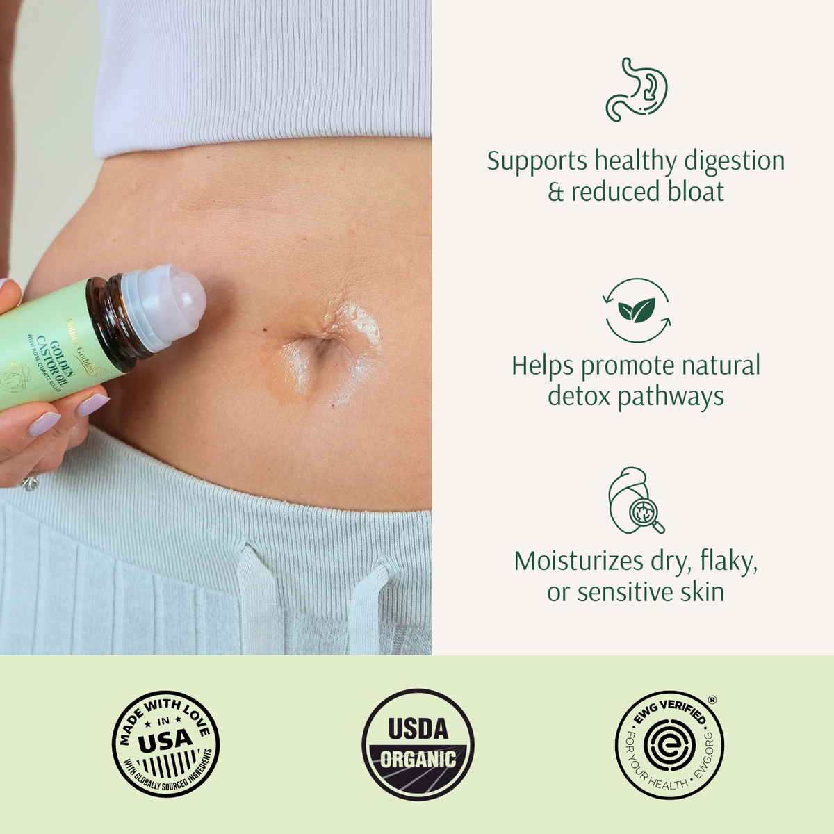 Golden Castor Oil roll-on gliding over a belly, with benefits for digestion, bloat, detox pathways, and dry skin