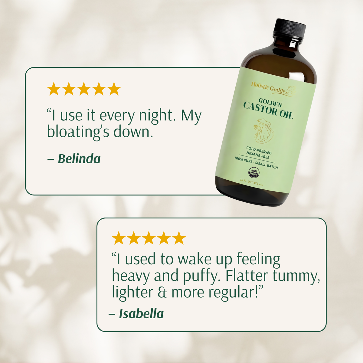 Golden Castor Oil bottle next to two customer reviews about less bloating and a flatter tummy