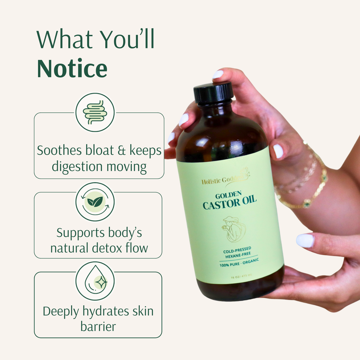 Golden Castor Oil bottle held in a hand beside a What You'll Notice list: soothes bloat and supports natural detox flow