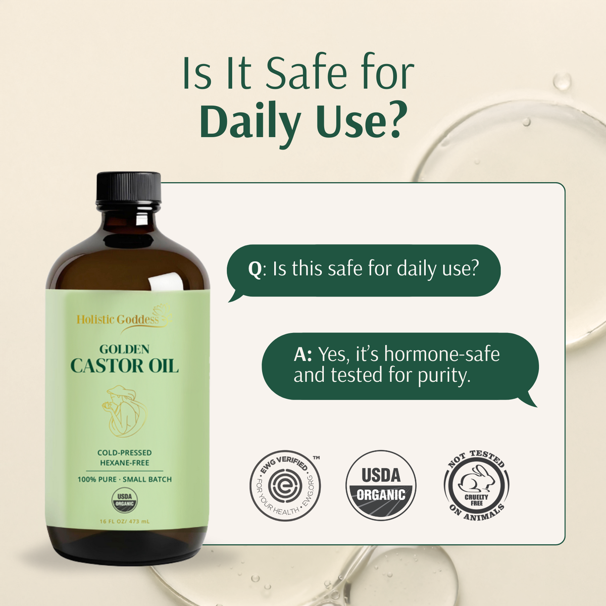 Golden Castor Oil bottle beside a daily-use Q&A and USDA Organic and certification badges