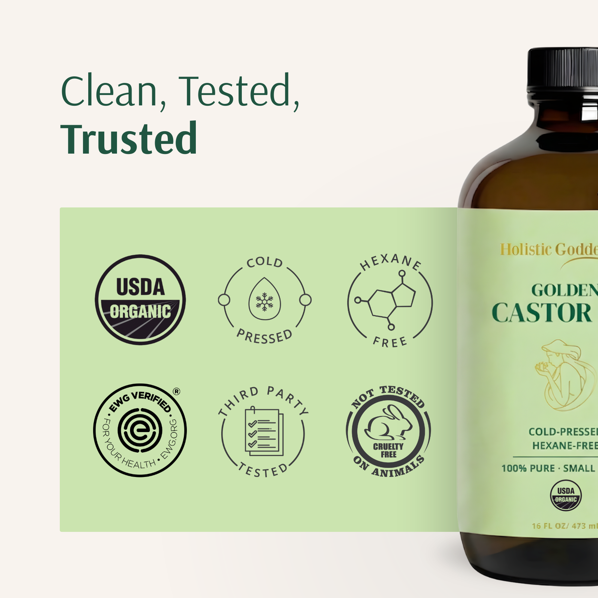 Golden Castor Oil badges: USDA Organic, cold pressed, hexane free, third party tested, not tested on animals