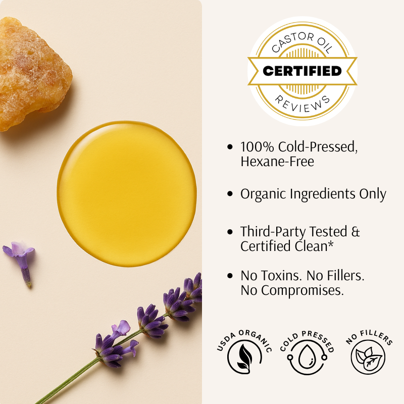Castor oil purity details: cold-pressed, hexane-free, organic, third-party tested, with frankincense and lavender
