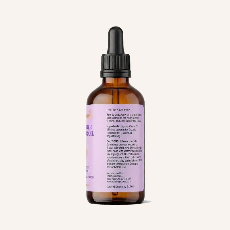 Back label of the Lavender & Castor Oil dropper bottle