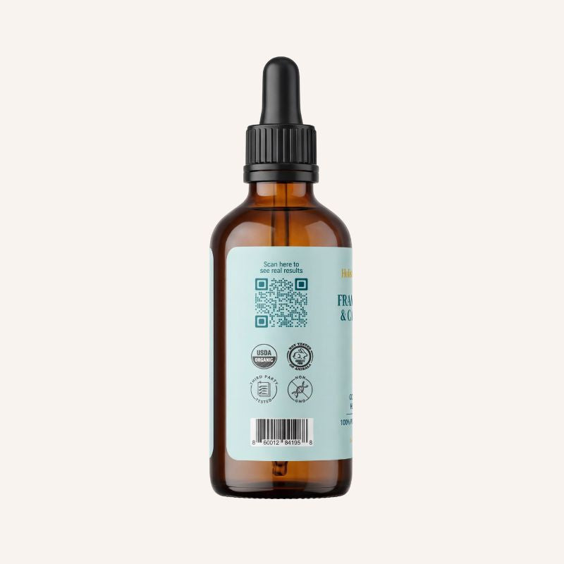Back of the Frankincense & Castor Oil dropper bottle showing barcode, QR code, and certification icons