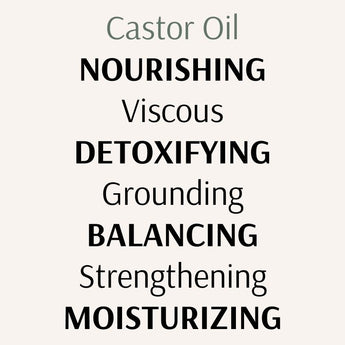 Castor Oil described with key attributes: Nourishing, Viscous, Detoxifying, Grounding, Balancing, Strengthening, and Moisturizing