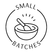 Logo with a bowl and pestle, and 'Small Batches' text.