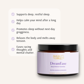 Jar of DreamEase sleep enhancer gummies with product benefits listed on a white background