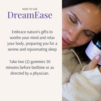 Woman lying down with a bottle of 'DreamEase' gummies, text on how to use DreamEase.