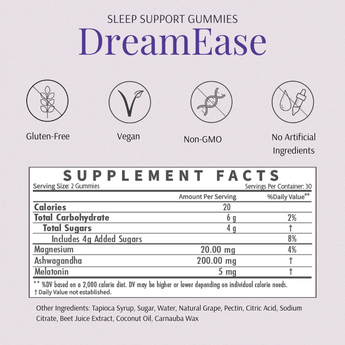 Supplement facts label for DreamEase Sleep Support Gummies on a light purple background