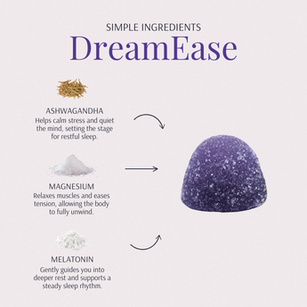 DreamEase gummy with list of simple ingredients: ashwagandha, magnesium, and melatonin