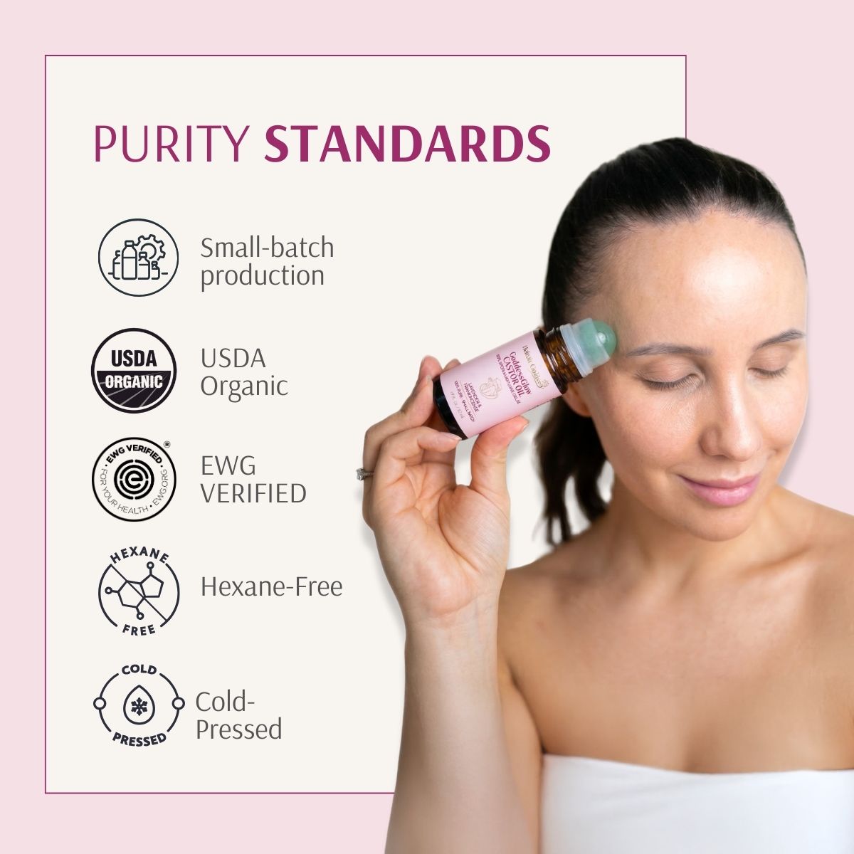 GoddessGlow Tension Gua Sha Kit by Holistic Goddess – Purity Standards badge card (small-batch, USDA Organic, EWG Verified, Hexane-Free, Cold-Pressed) with woman holding bottle near face