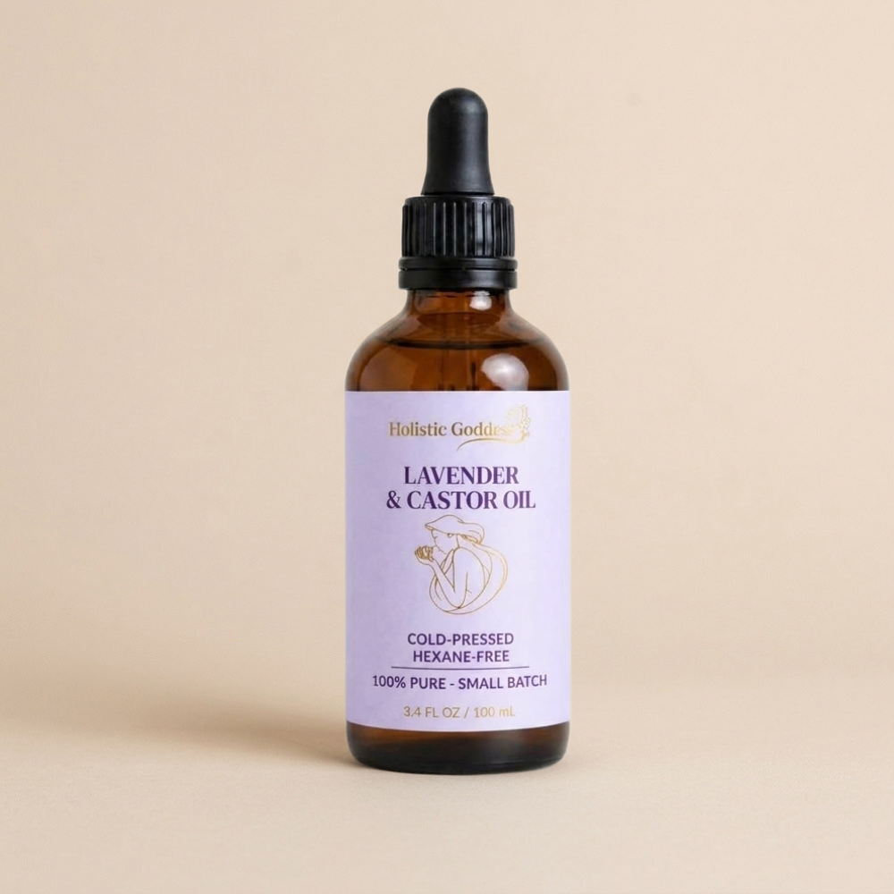 Lavender & Castor oil Silicone and glass dropper on a warm beige background