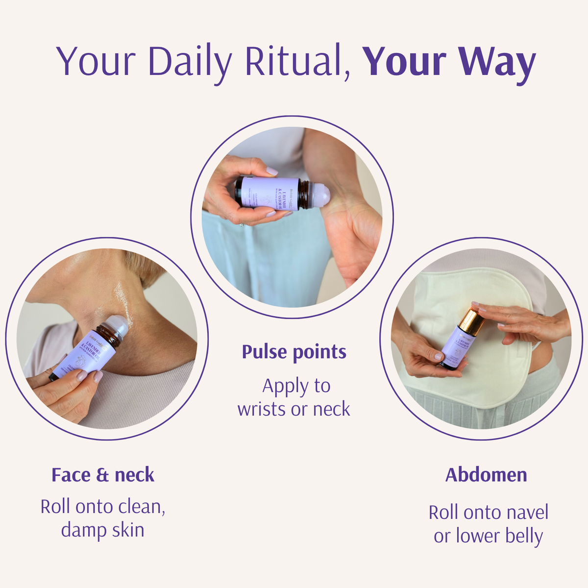 Instructions for applying a product to different parts of the body with close-up images and text.