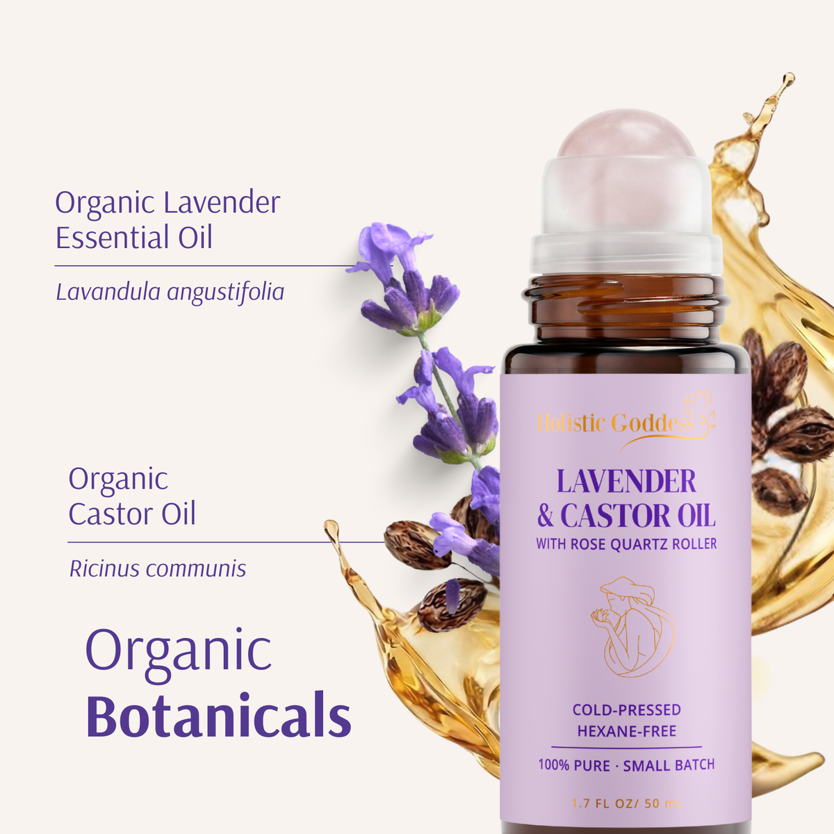 Bottle of Lavender & Castor Oil with botanical elements on a white background