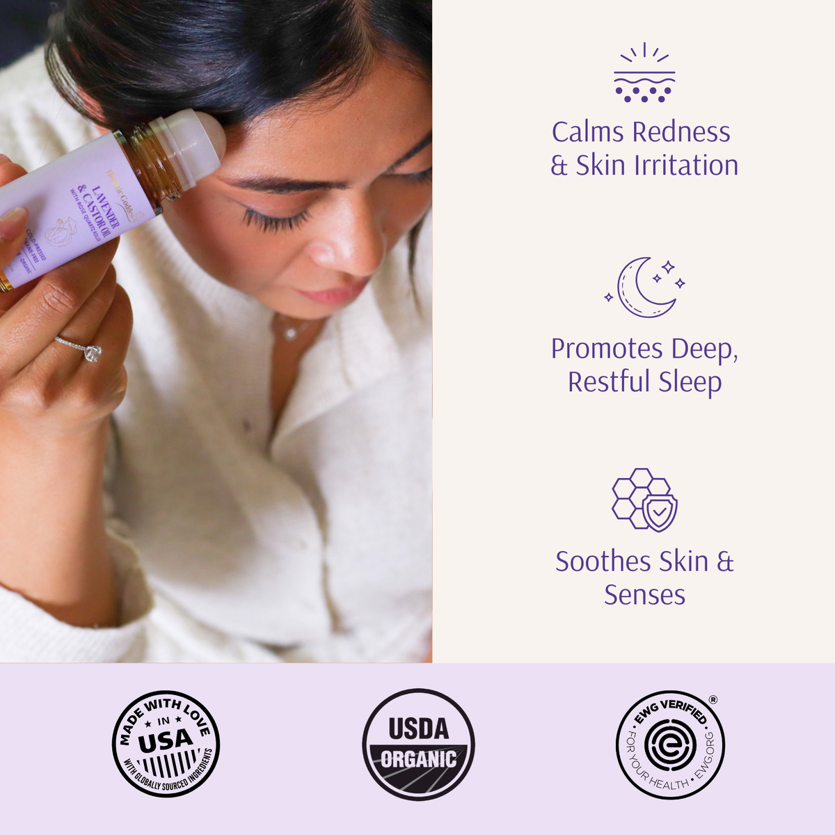 Woman holding a bottle of a natural product with text on its benefits and certifications.