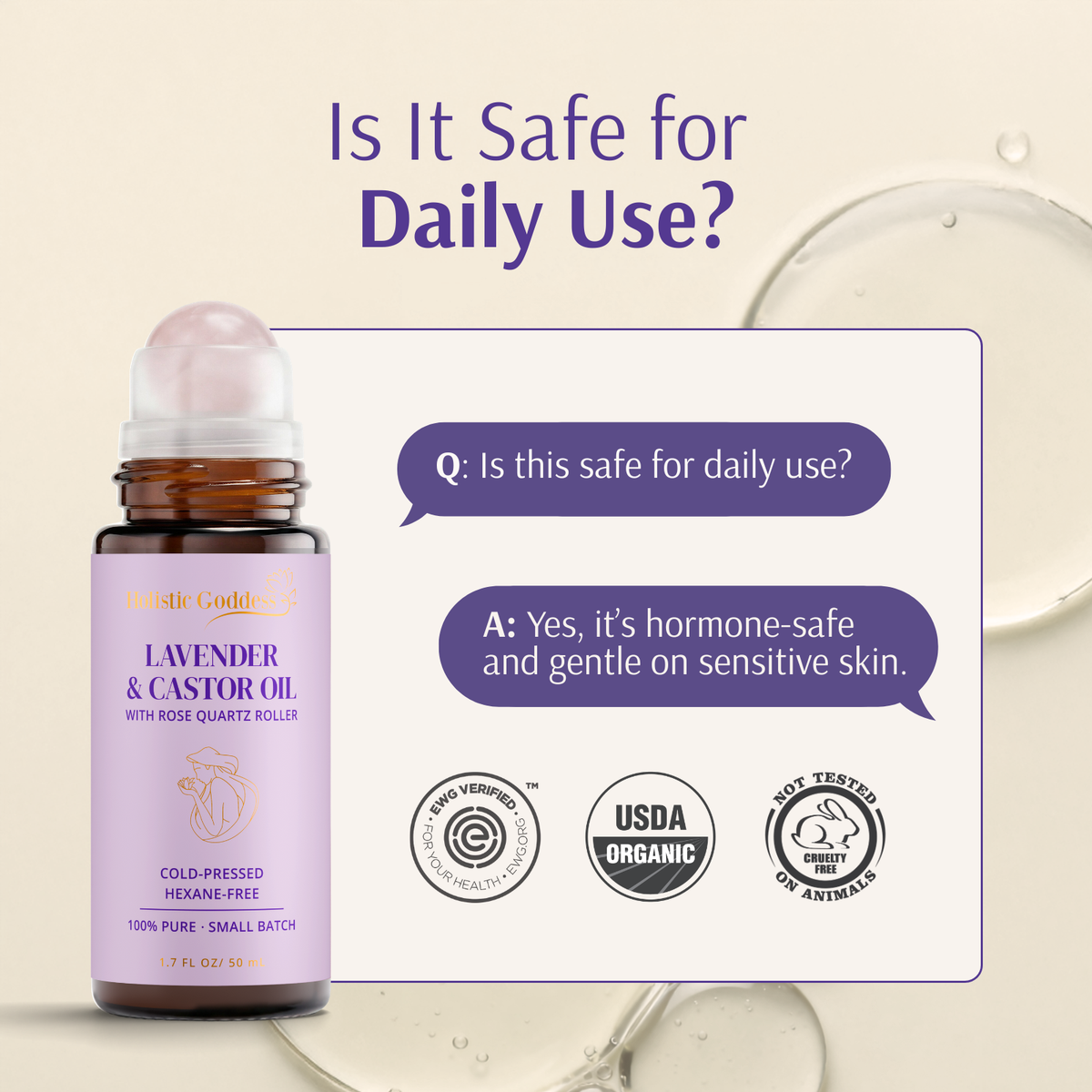 Roll-on bottle with lavender and castor oil on a beige background, featuring safety and organic certification logos.