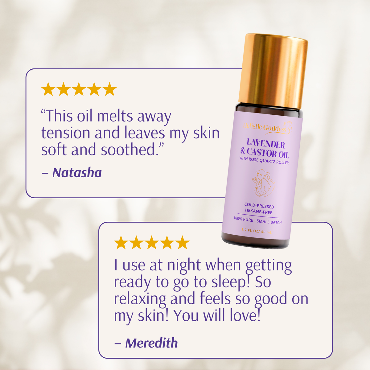 Lavender and castor oil bottle with customer reviews on a soft background