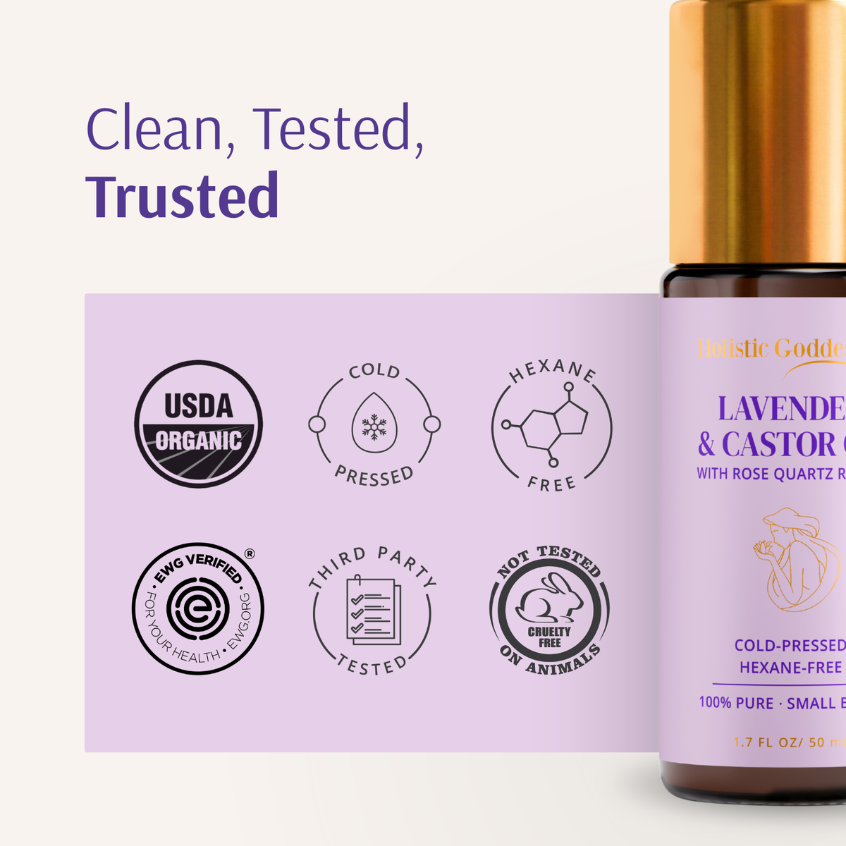 Bottle of Lavender & Castor Oil with certification logos on a white background