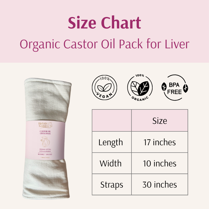 Size chart for the Organic Castor Oil Pack for Liver: 17 inches long, 10 inches wide, 30-inch straps