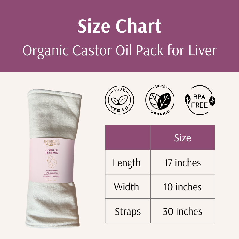 Size chart for the Organic Castor Oil Pack for Liver: 17 inches long, 10 inches wide, 30-inch straps