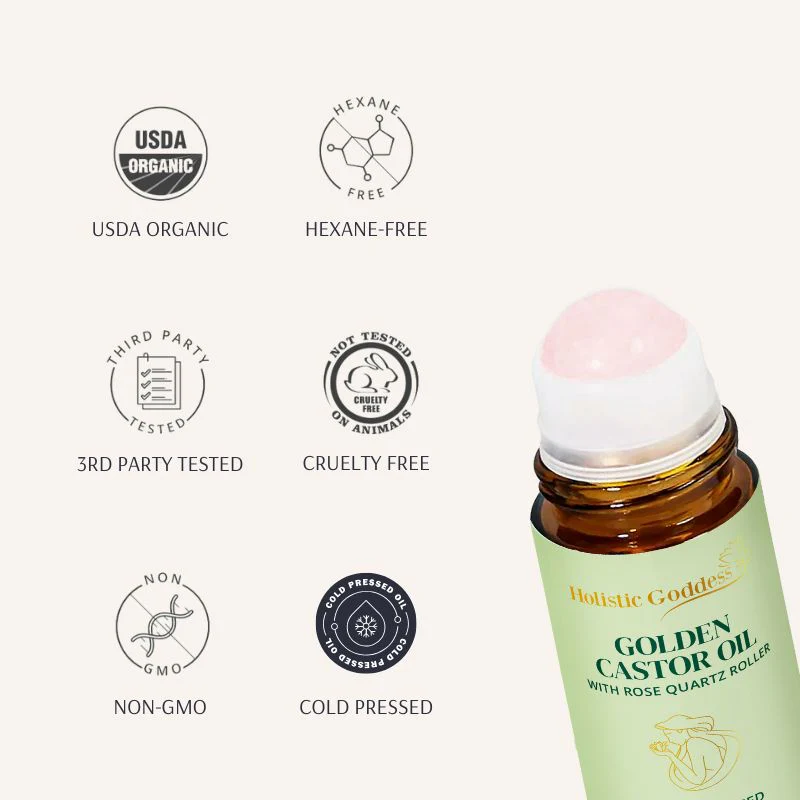 Golden Castor Oil roll-on with rose quartz roller beside USDA Organic, hexane-free, and third-party tested badges