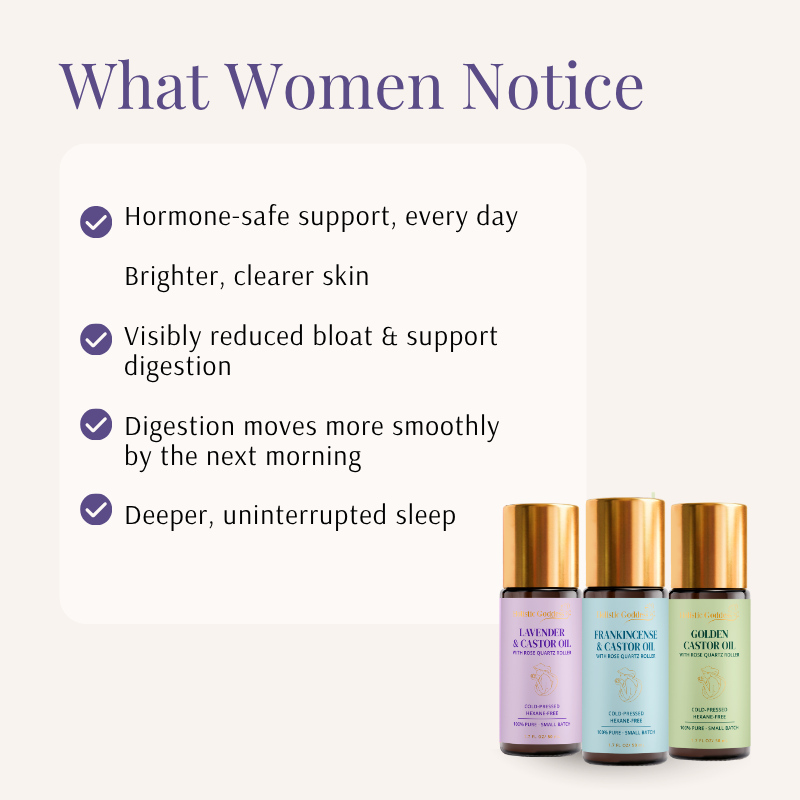 What Women Notice benefits list beside the Frankincense, Golden, and Lavender castor oil roll-ons of the Trifecta Kit