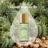 Golden Castor Oil by Holistic Goddess with Rose Quartz Roller displayed over castor plant and seeds. Label highlights: Organic, Cold-Pressed, Hexane-Free, 100% Pure. Ingredient callout: Organic Castor Oil (Ricinus communis)