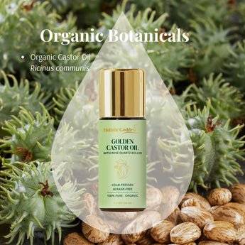 Golden Castor Oil by Holistic Goddess with Rose Quartz Roller displayed over castor plant and seeds. Label highlights: Organic, Cold-Pressed, Hexane-Free, 100% Pure. Ingredient callout: Organic Castor Oil (Ricinus communis)