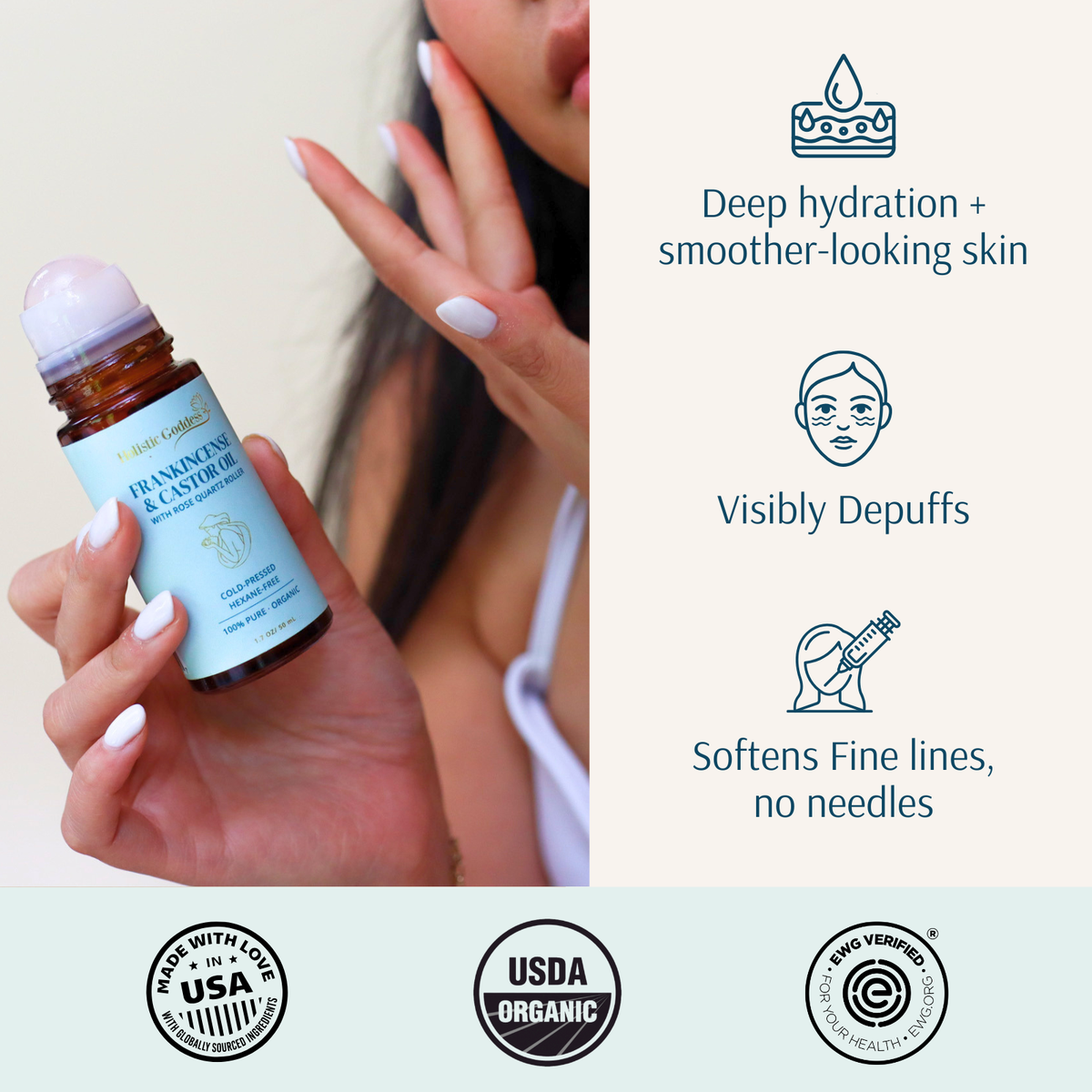 Women holding the Frankincense & Castor Oil roll-on next to a list of benefits