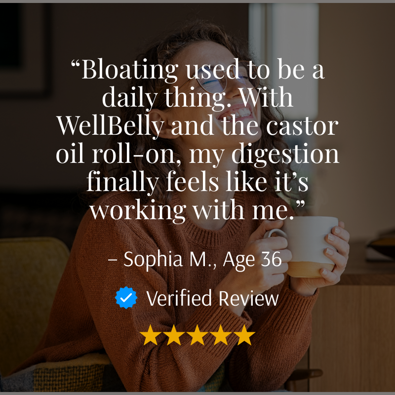 WellBelly Kit review from Sophia M., five stars: less daily bloating with WellBelly and the castor oil roll-on