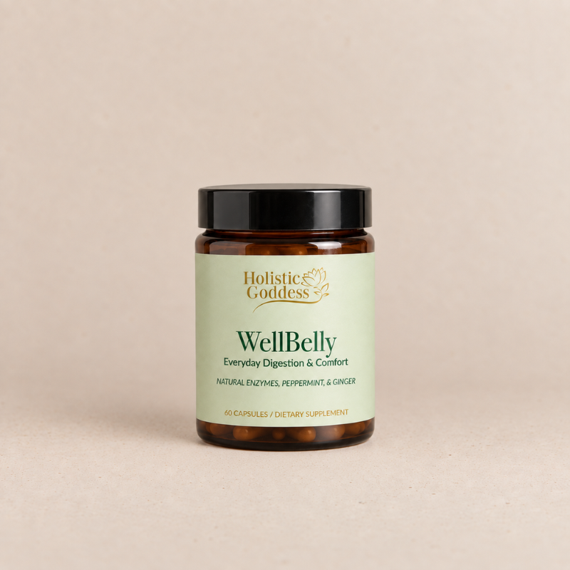 A bottle of Holistic Goddess WellBelly dietary supplement capsules, featuring an amber glass bottle, black cap, and a light green label, set against a solid beige background.