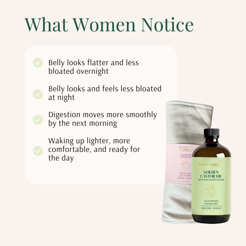What Women Notice list beside the Golden Castor Oil bottle and castor oil pack for liver