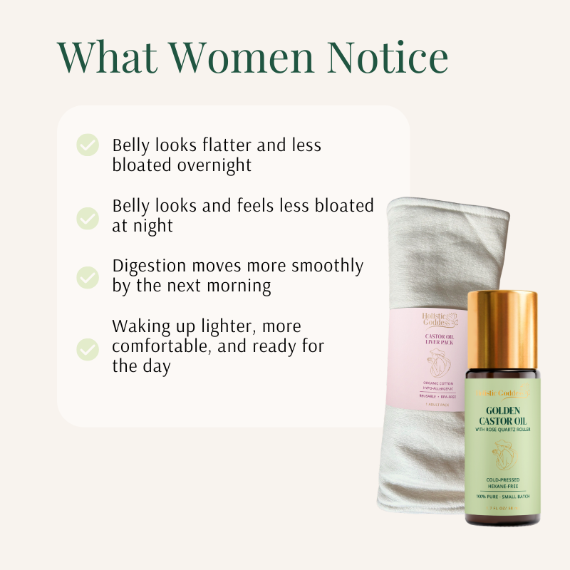 What Women Notice list beside the Golden Castor Oil roll-on and castor oil pack for liver