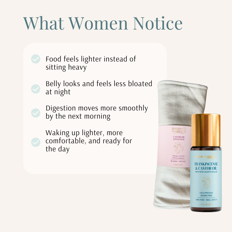 What Women Notice list beside the Frankincense & Castor Oil roll-on and castor oil pack for liver