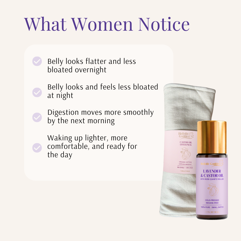 What Women Notice list beside the Lavender & Castor Oil roll-on and castor oil pack for liver