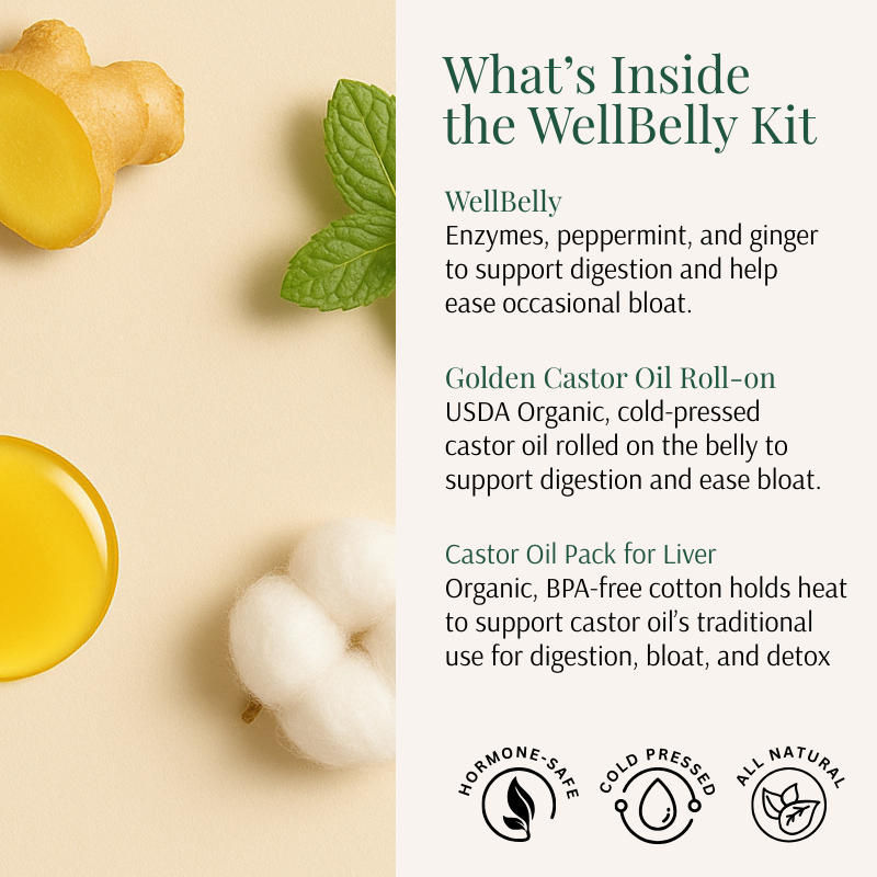 WellBelly Kit contents: WellBelly enzymes, Golden Castor Oil roll-on, and castor oil pack for liver