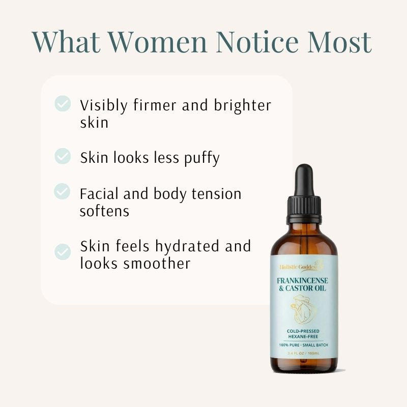 What Women Notice Most list beside the Frankincense & Castor Oil dropper: firmer, brighter skin and less puffiness