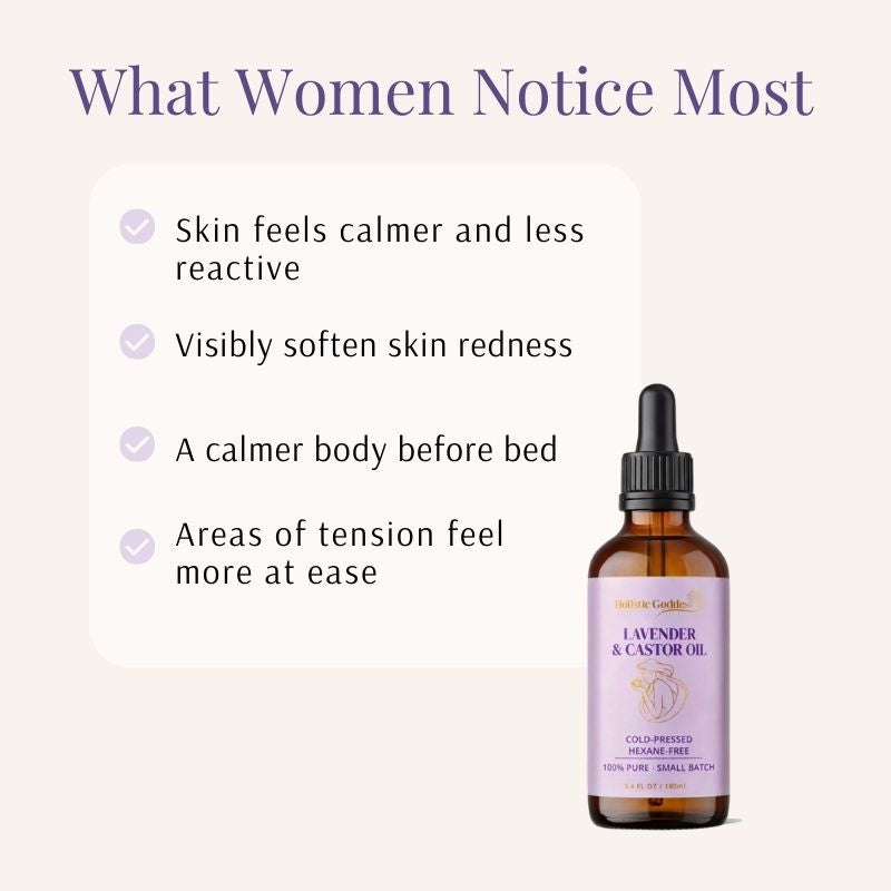 What Women Notice Most list beside the Lavender & Castor Oil dropper: calmer skin, less redness, calmer body at night