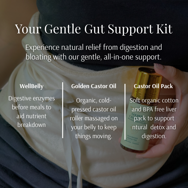 Gentle Gut Support Kit: WellBelly, Golden Castor Oil roll-on, and castor oil pack, with a woman holding the roll-on