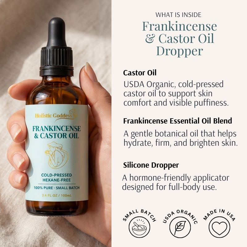 Holistic Goddess Frankincense & Castor Oil dropper featuring castor oil, frankincense essential oil blend and silicone dropper