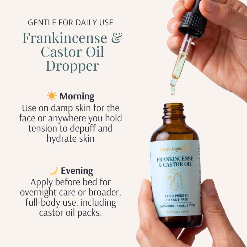 Holistic Goddess Frankincense & Castor Oil dropper with instructions for morning and evening use