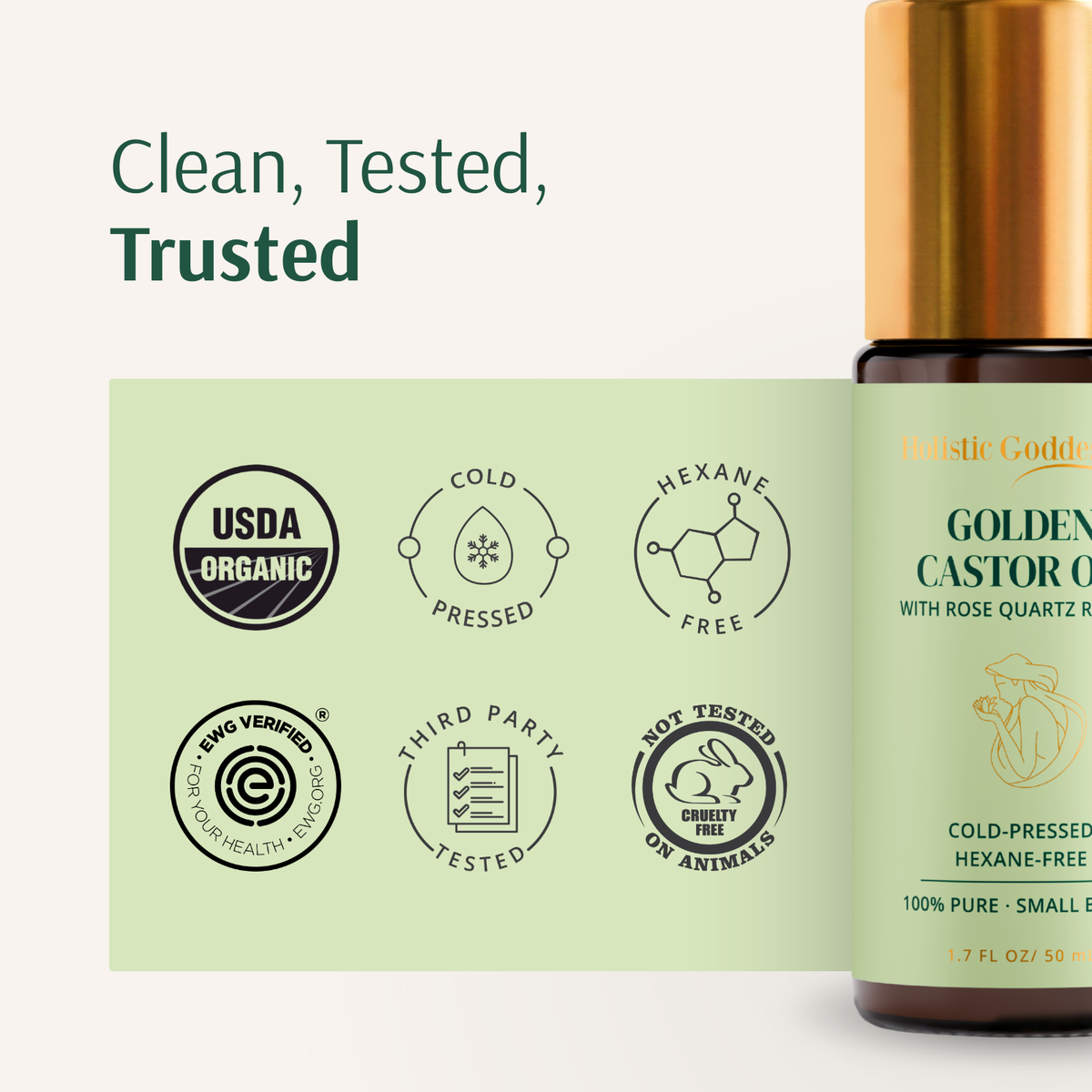 Holistic Goddess Golden Castor Oil featuring USDA Organic, cold-pressed, hexane-free and third-party tested certifications