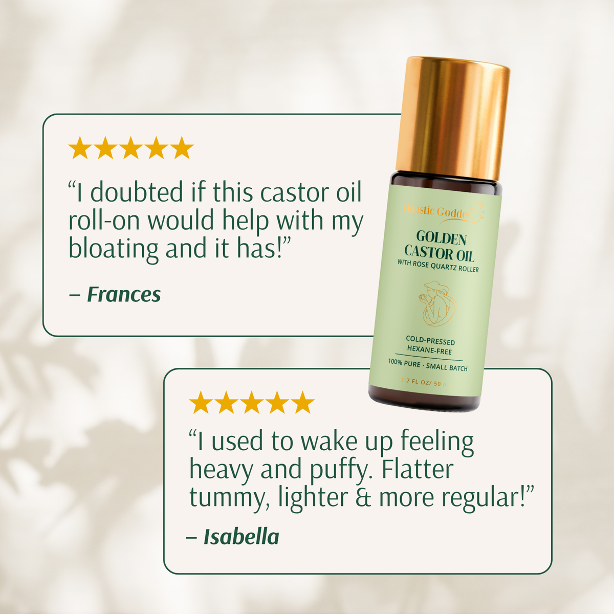 Holistic Goddess Golden Castor Oil roll-on featured alongside customer testimonials about bloating and feeling lighter