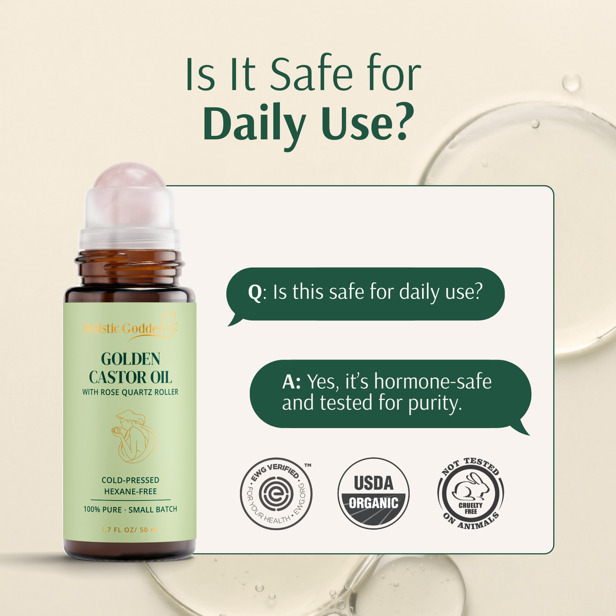 Holistic Goddess Golden Castor Oil roll-on with information about daily use and product testing