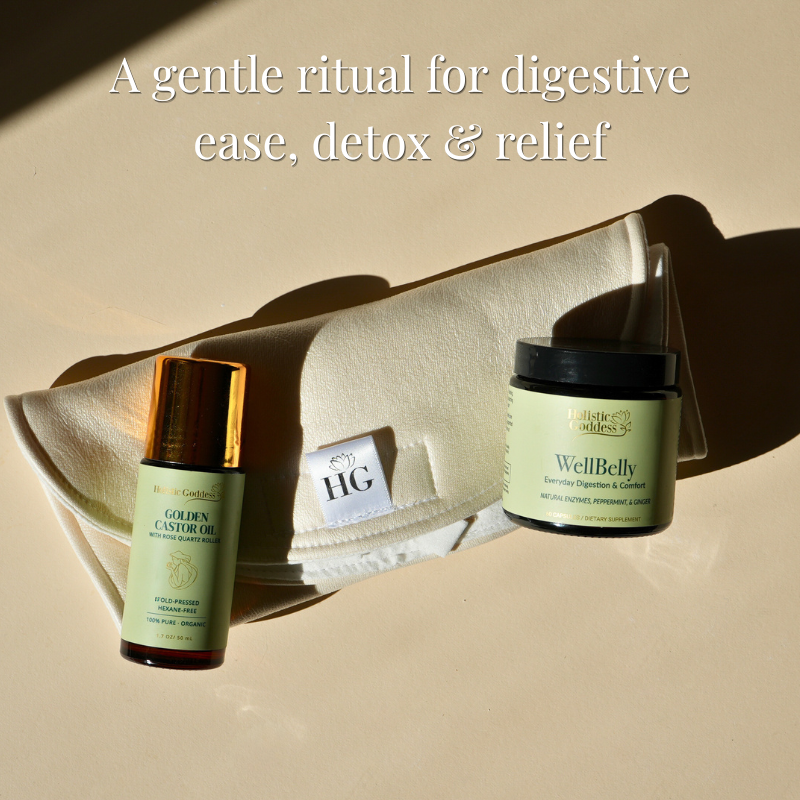Holistic Goddess Golden Castor Oil and WellBelly products styled as a gentle digestive wellness ritual