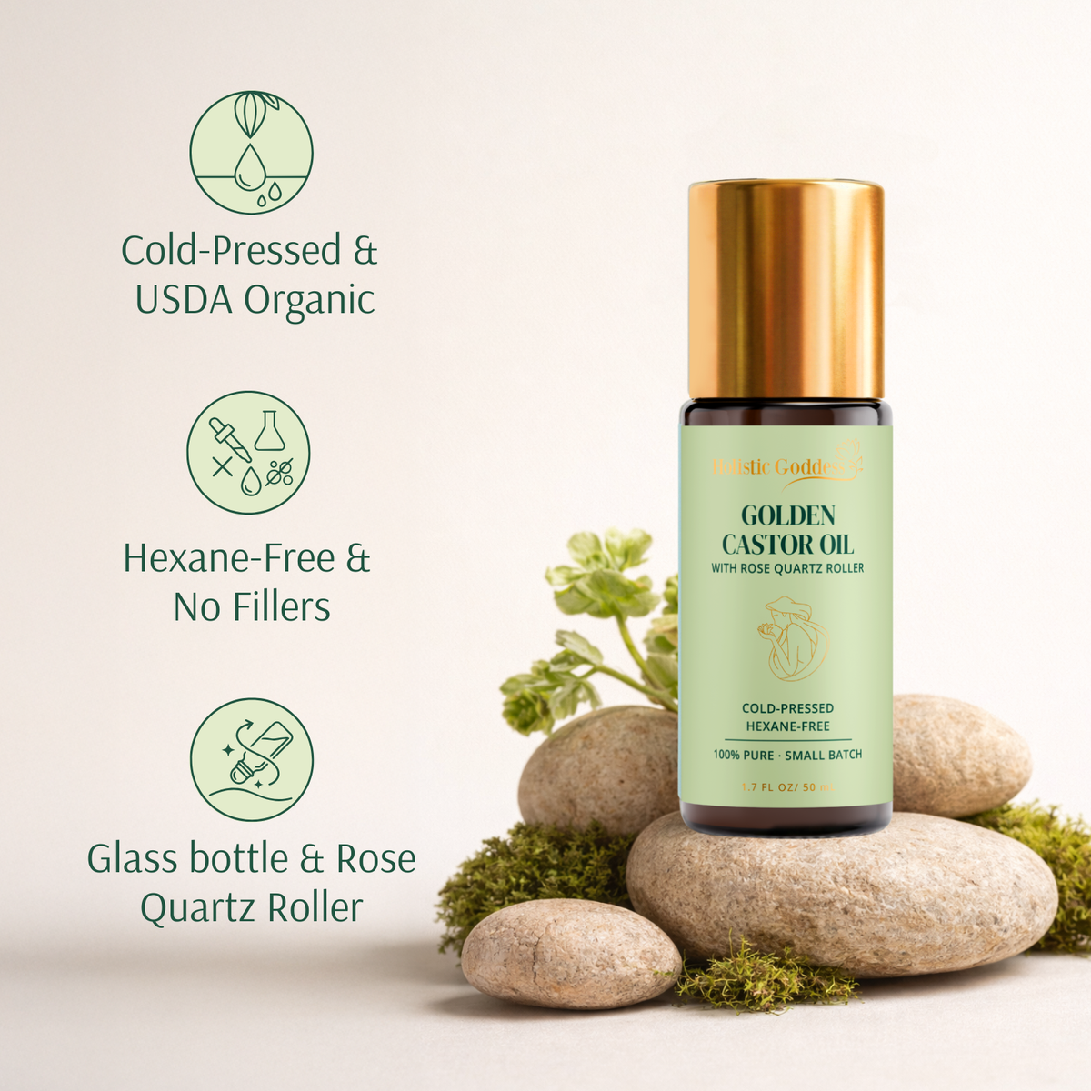 Holistic Goddess Golden Castor Oil with rose quartz roller, highlighting organic castor oil and natural ingredients